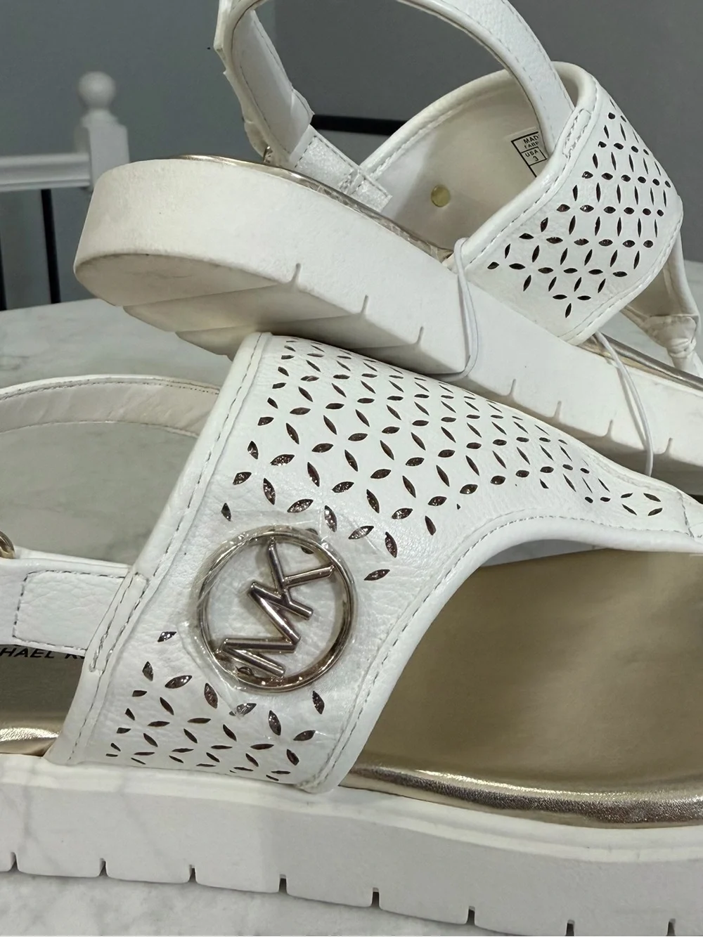 Michael Kors White Perforated Thong Sandals with Gold Footbed
